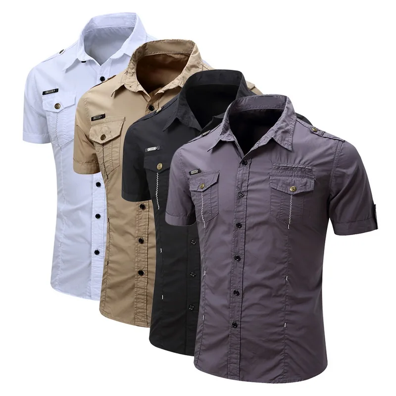 

Men's Cargo Shirts Short Sleeve Shirt 2019 New Casual Plain Cotton Work Blouse Slim Style Solid Color Pocket Shirt Male clothing