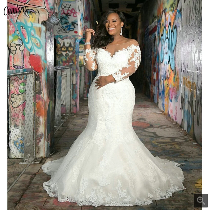Robe de mariage русалка белое кружево свадебное платье с аппликацией с длинным рукавом мусульманские африканские большие размеры невесты платья