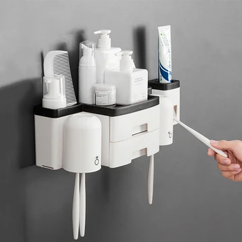 

Drawer Toothbrush Holder Double Layer High Capacity Storage Home Bathroom Accessories Dust-proof Automatic Toothpaste Dispenser