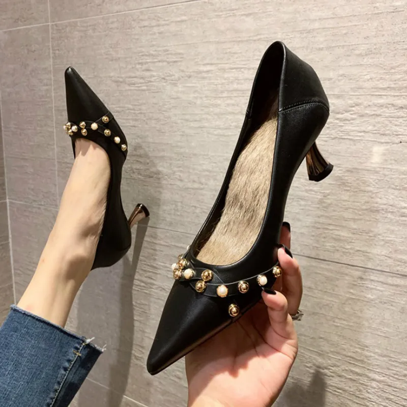 

Office & Career String Bead Heels Women Thin Heels Pointed Toe Fashion Autumn And Winter Breathable High Quality Party Shallow