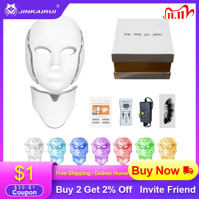 

Jinkairui LED Facial Mask 7 Lights Photon Therapy Acne Blackhead Tighten Skin Beauty Tool Gift Fast shipping Dropshipping Free