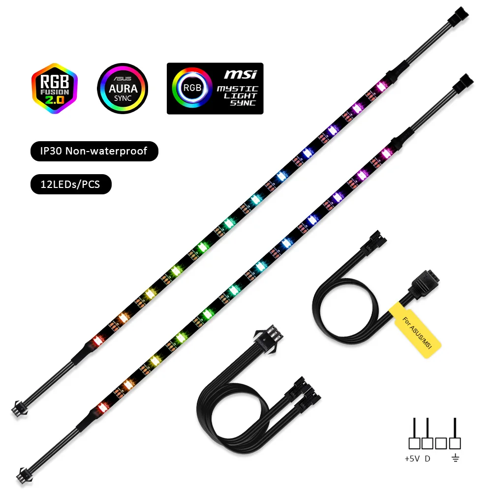 12LEDs x2PCS IP30 Адресуемая цифровая световая полоса WS2812b для ПК, MSI Mystic Light SYNC, ASUS Aura SYNC RGB 3 pin 5V добавить заголовок на материнской плате - Испускаемый цвет: 12LEDs x2PCS IP30