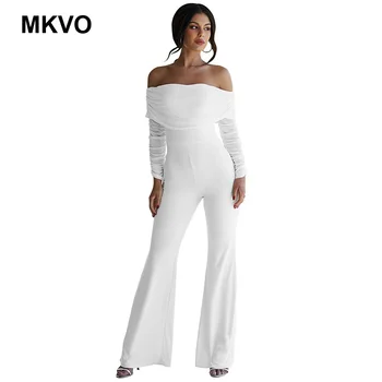 

Solid color pleated off shoulder horn style jumpsuit Party long sleeve elegant fashion Bandage women's Jumpsuit plus size