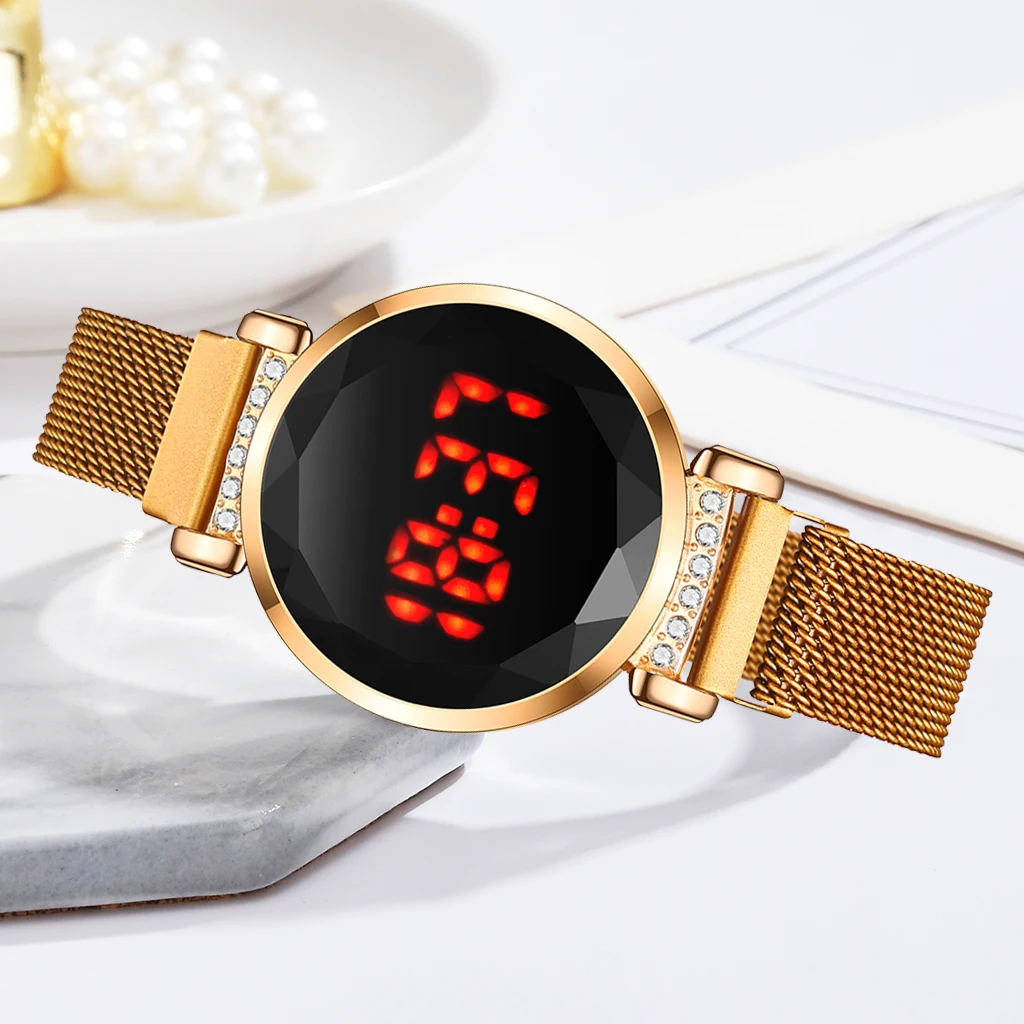 Luxury Women Magnetic Quartz Wristwatch Rose Gold Red LED Digital Bracelet Watch Quartz Watch Ladies Clock relogio feminino