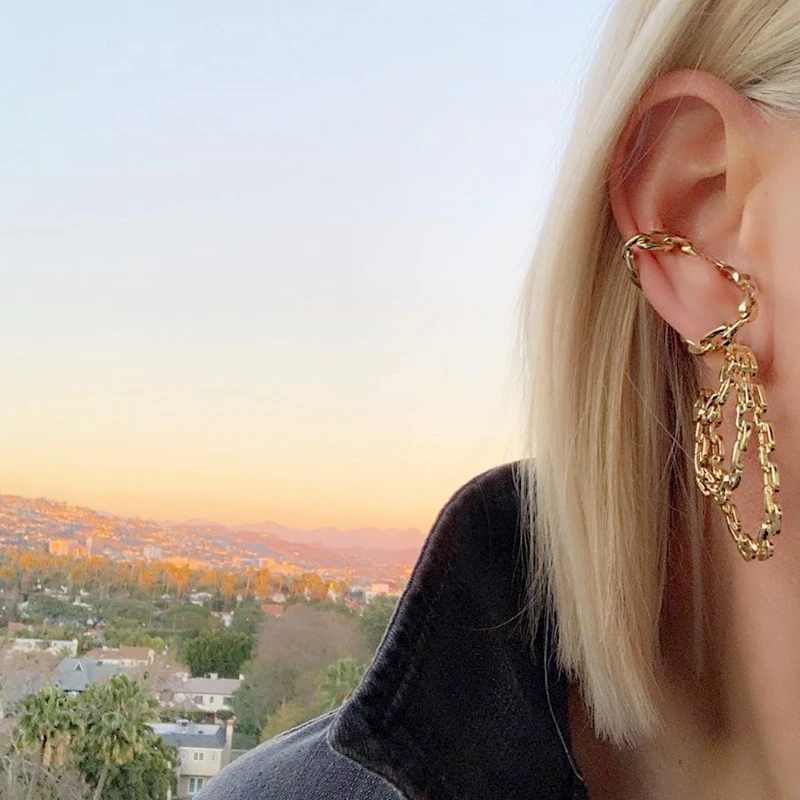 

Timeless Wonder Brass Geo Curve Chain Ear Clip Earrings Women Statement Jewelry Punk Earcuff Non Pierced Gothic Designer In 1325
