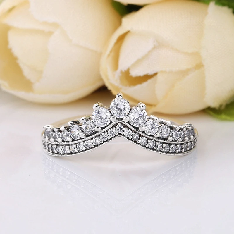 

Free shipping Authentic 925 Sterling Silver Princess Wishbone Rings CZ Crystal Pan Ring For Women European Original DIY Jewelry