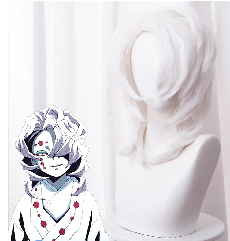 White Демон убийца Kimetsu без Yaiba Косплэй Rui парик 40 см короткие термостойкие синтетические волосы Хэллоуин Косплэй+ парик Кепки - Цвет: White