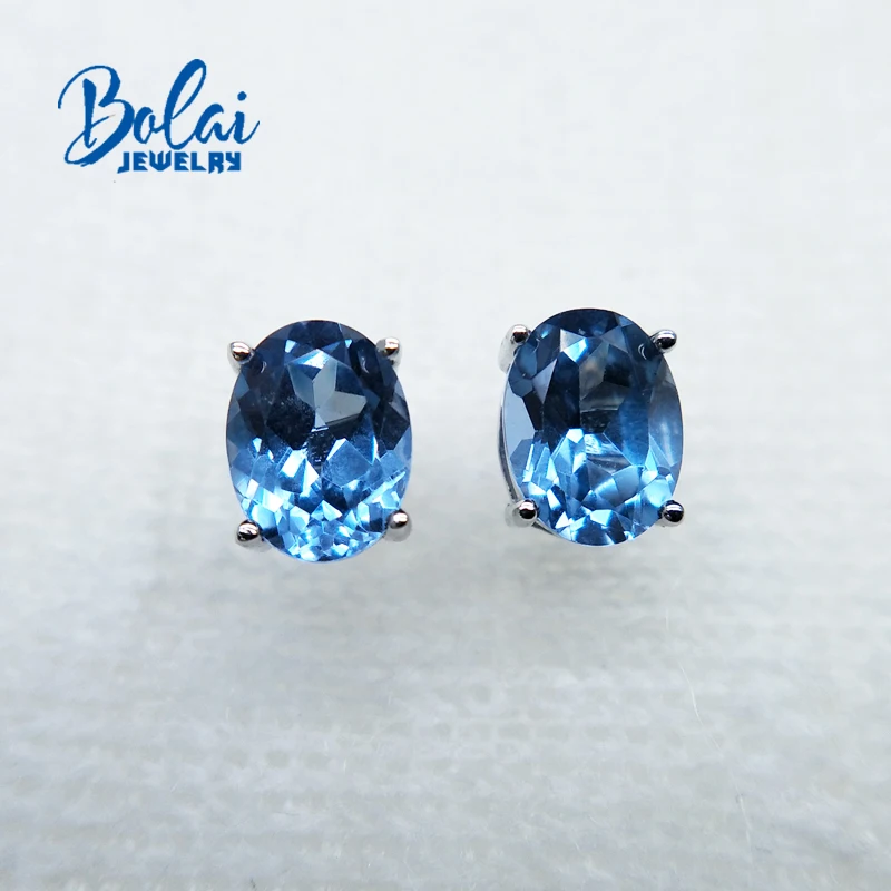 Bolaijewelry, нано серьги с голубым топазом созданный драгоценный Камень Овальный 6*8 мм с стерлингового серебра 925 ювелирные украшения для девочек повседневная одежда