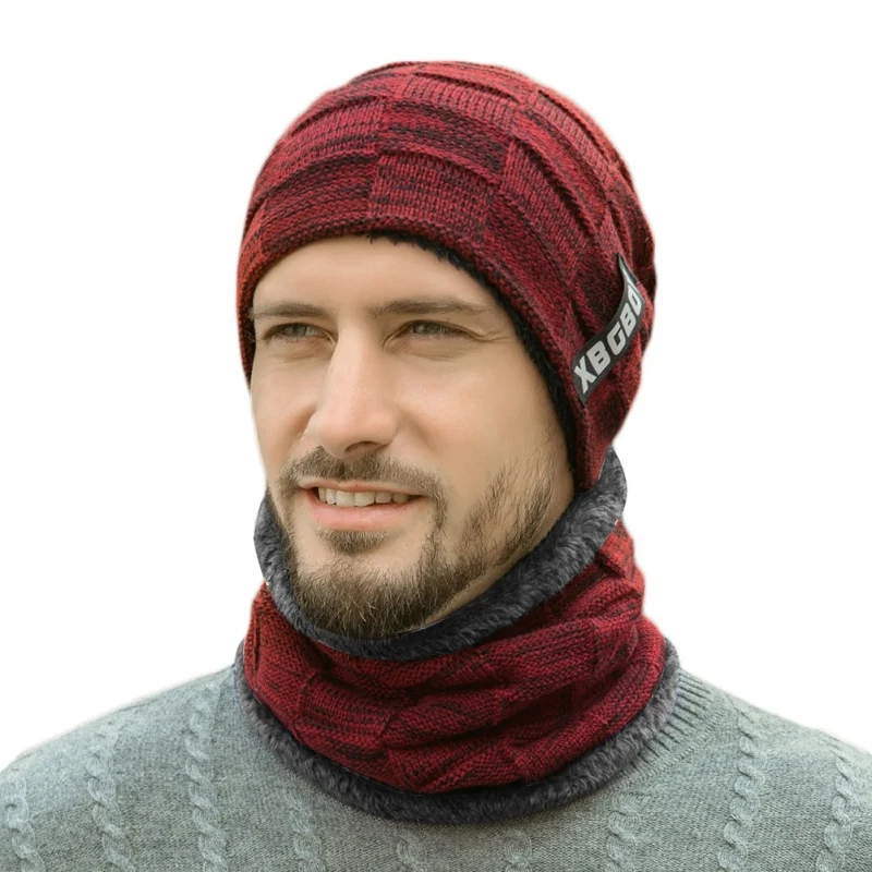 R Зимняя шапка, шапка с капюшоном, комплект с нагрудником, утолщенная плюшевая шерстяная шапка, мужская вязаная шапка с буквенным принтом, 2 комплекта - Цвет: R