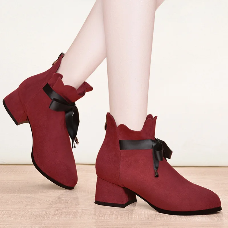

Dunhu 2019 Winter New Style Pointed Toe Chunky Heel Short Boots Waterproof Platform Casual Women's Boots after Zipper WOMEN'S Sh