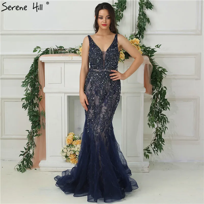 Navyblue Новейшее сексуальное длинное вечернее платье русалки с блестками, вечерние платья, платья с перьями, BLA6566 - Цвет: Navyblue