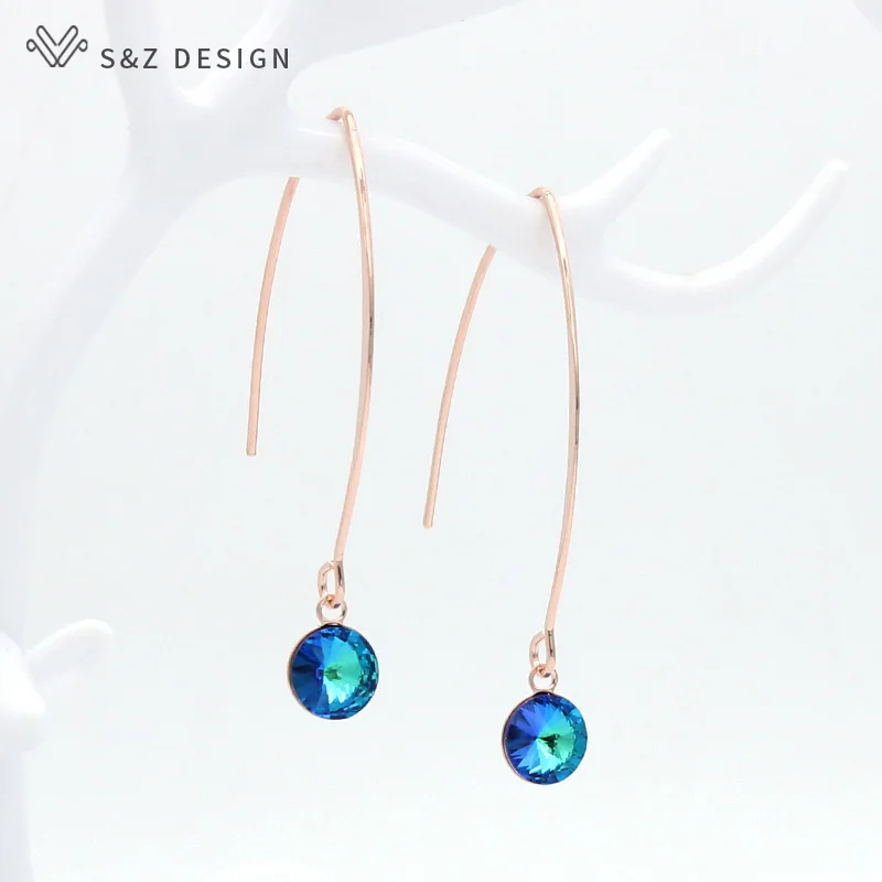 S&Z DESIGN New Fashion Long Round Colorful Crystal Dangle Earrings For Women Girl Wedding Jewelry 585 Rose Gold Color Eardrop