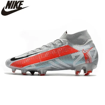 

Nike Mercurial Superfly 7 Elite FG Flyknit Metallic Grey Red Mercurial Superfly High Soccer Shoes Sneakers Men Football Cleats