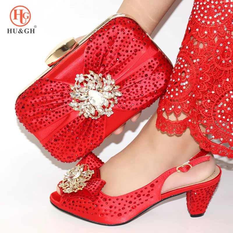 

2019 New High Quality Red Color African Designer Shoes And Bag Set To Match Italian Party Shoes With Matching Bags Set Crystals