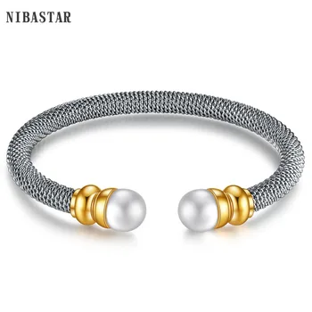 

Fashion Imitation Pearl Bracelets& Bangles For Women Gold Color Stainless Steel Luxury Bangles For Women Jewelry