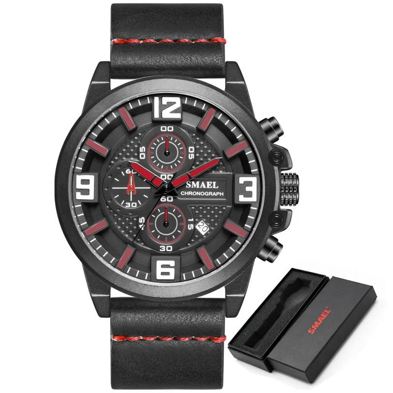 Black Red SMAEL мужские часы лучший бренд класса люкс водонепроницаемые 24 часа Дата аналоговые кварцевые часы мужские кожаные спортивные наручные часы Relogio Masculino - Цвет: Black Red