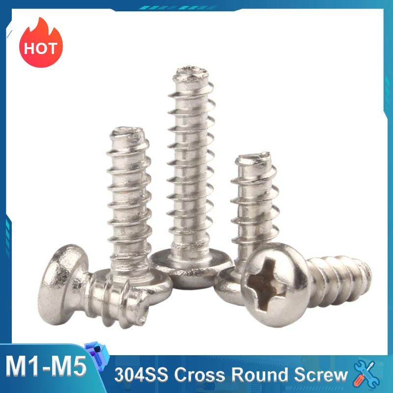 

304 Stainless Steel Cross Recess Phillips Pan Round Head Flat End Self Tapping Wood Screw M1 M1.2M1.4M1.7M2M2.2M2.6M3 M3.5 M4 M5