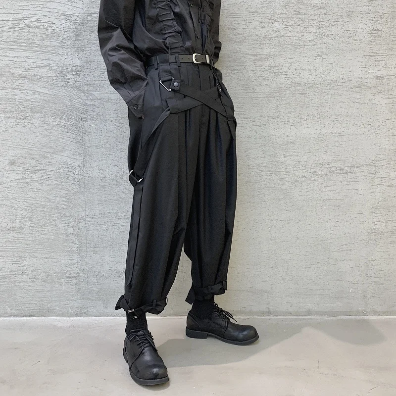 

Men Japan Streetwear Punk Gothic Bandage Casual Harem Pant Male Vintage Hip Hop Wide Leg Trousers Stage Clothing Kimono Pant