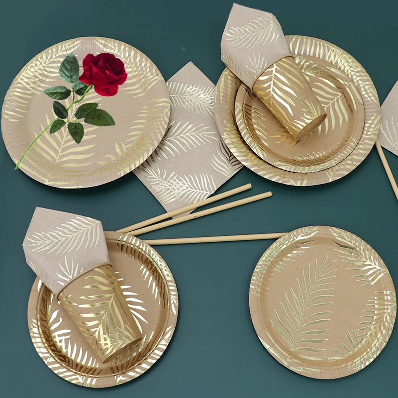 Disposable Kraft Paper Tableware Set – Golden Palm Leaf Pattern Plates, Cups, Napkins, ... - SKU KTS12264 - UGI Packaging
