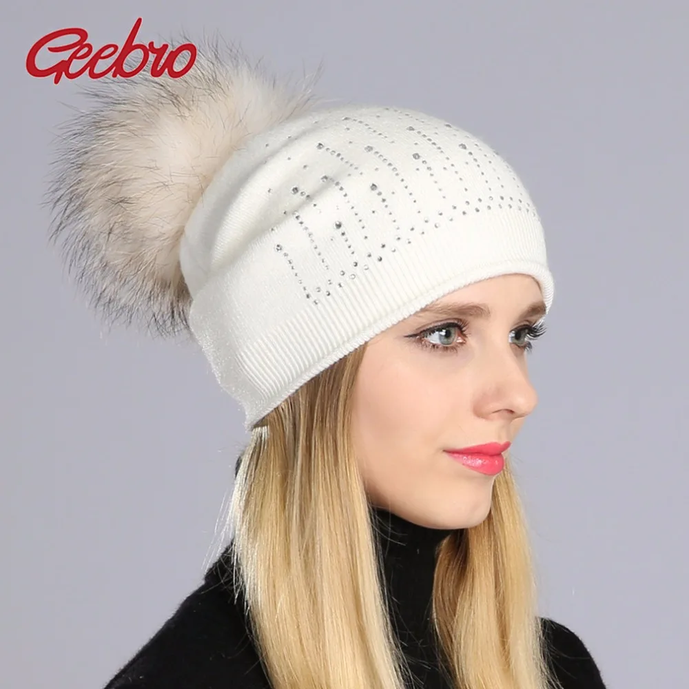 

Geebro Women Winter Warm Knitting Hats With Raccoon Fur Pom Pom Beanies Girls Autumn Solid Color Caps Ladies Rhinestones Bonnet