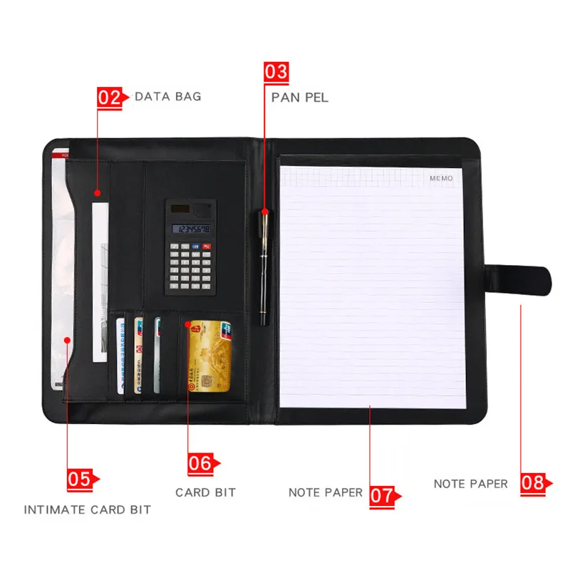 A4 가죽 Padfolio 다기능 포트폴리오 바인더 명함 홀더 바인더 문서 정리, 계산기 메모장 포함