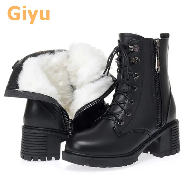 

Giyu winter Short tube Women's boots Martin boots Cotton boots Plus cashmere wool Genuine Leather Large size