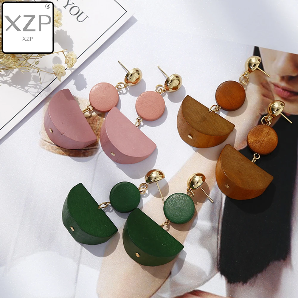 

XZP Girls Spring New Semicircle Wood Long Pendant Earrings Retro Temperament Goddess Simply All-match Drop Earring for Womens