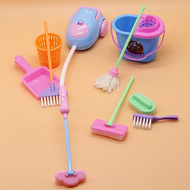 Miniature Mop Dustpan Bucket Brush Housework Cleaning Tools Set Dollhouse Garden Accessories for Barbie Dolls 2
