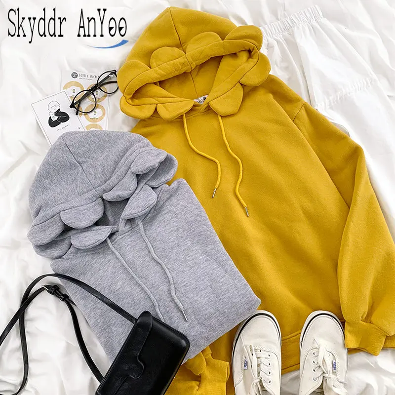 

Autumn Winter Women Fleece Hoodie Sweatshirts Cute Sun Flower Hooded Sweetshirt Harajuku Pullovers Sudaderas Long Sleeve Sweat