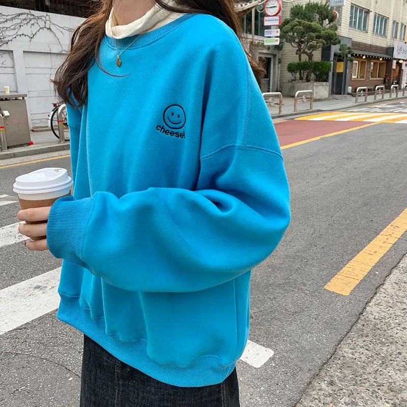 Женские кофты японский Harajuku Ulzzang круглый вырез вышитый смайлик Толстовка Женская Корейская Kawaii одежда для женщин