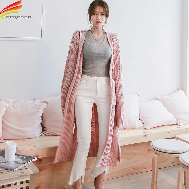 

Long Cardigan Women 2020 Autumn Winter New Thicken Slit V-Neck Pockets Cardigans Loose Oversize Sweaters Ladies Tops Outwear