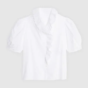 

Hollow Out Patchwork Women's Shirt Ruffled Half Sleeve Ladies Blouses And Tops Sweet Early Spring Clohting