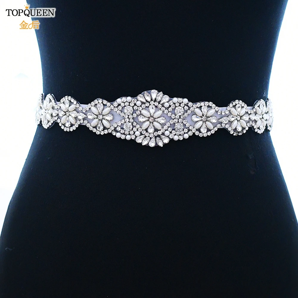 TOPQUEEN S161 White Wedding Belts Silver Rhinestone Belt Accessories for Bride Crystal Formal Dress Belt Gown Sash Bridal Belt