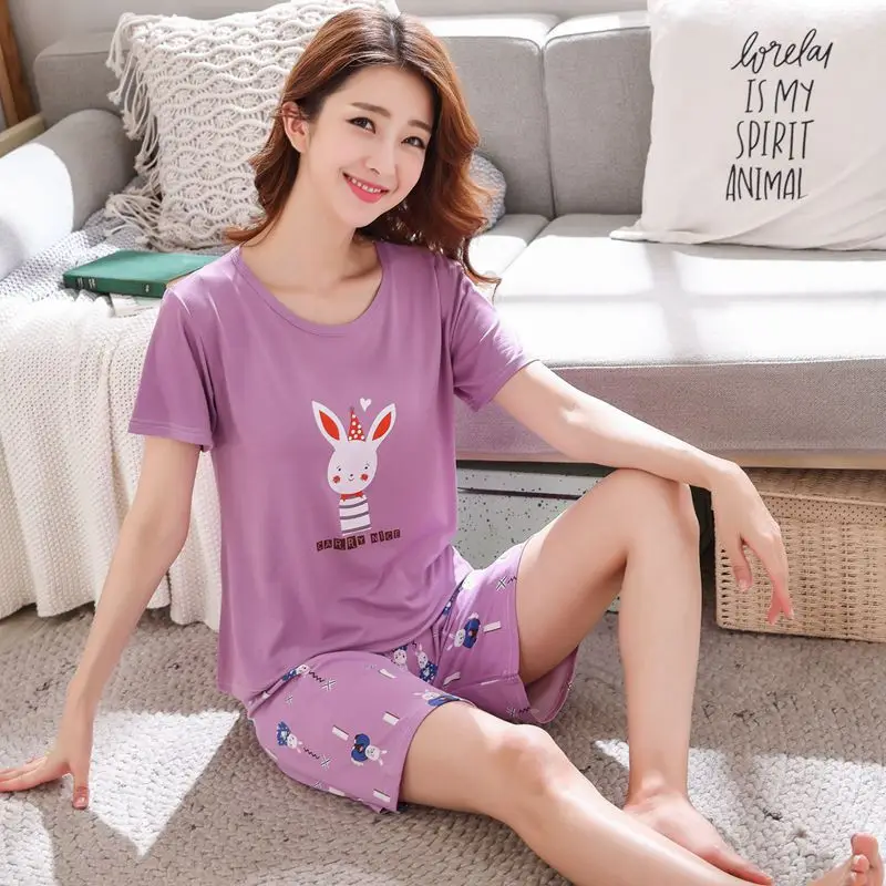 

2020 Hot Sales Summer New Style Short Sleeve Pajamas Women's Meng Meng Homewear Set Qmilch 140G 10 Yuan