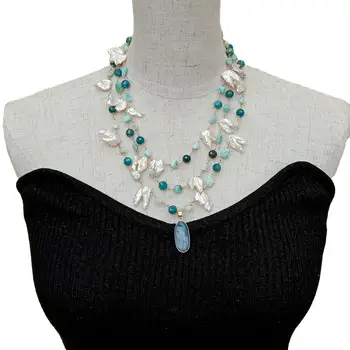 

3 Strands White Keshi Pearl Larimar Apatite Necklace kyanite Pendant 17''