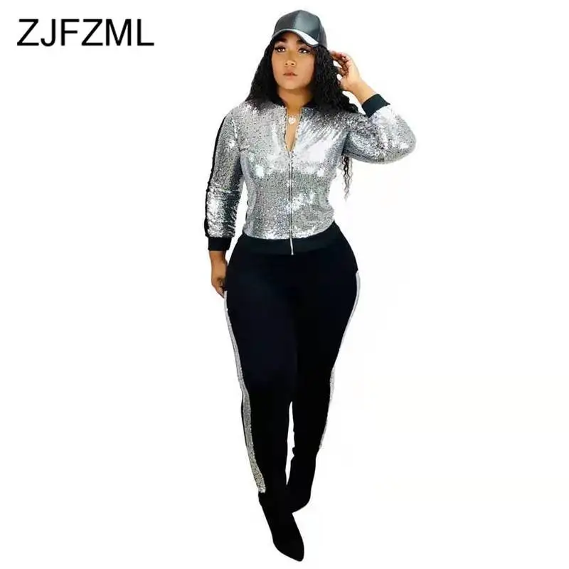 

Sparkly Sequined 2 Piece Set Winter Clothes for Women Long Sleeve Zipper Up Crop Jacket and Long Trousers Plus Size Autumn Set