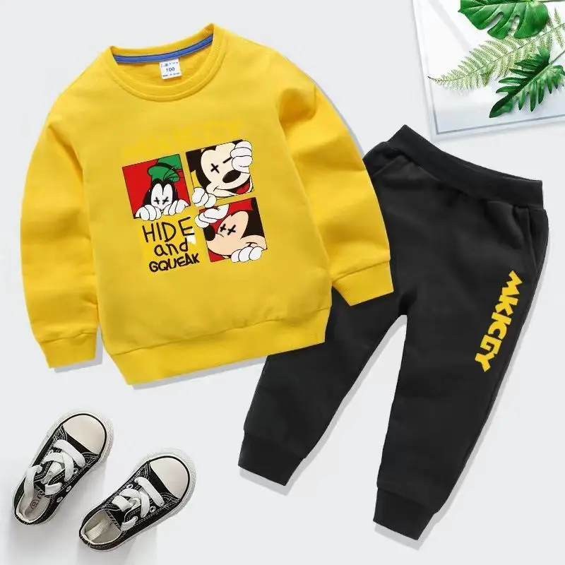 Disney Casual Baby Boys Girls Clothing Sets Solid Color Cotton Mickey Cartoon Goofy Tops Sweatpants Two Piece Suits For Kids | Детская