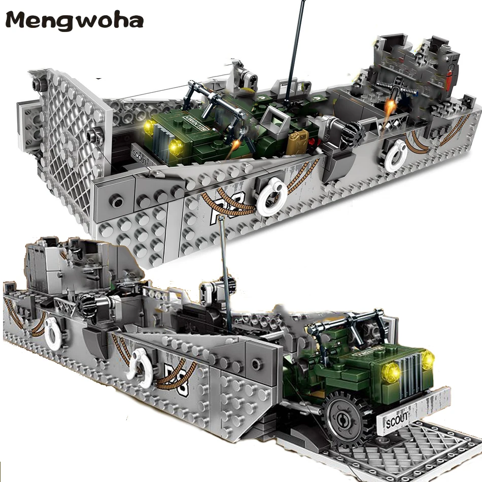 Günstig 413 stücke WW2 Armee Bausteine USA LCM3 Landung Schiff Legoingly militär ziegel Mit 6 soldat figuren modell Spielzeug für kinder