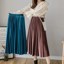 Бархатные юбки с высокой талией для женщин; сезон весна-зима; Новинка; модная однотонная эластичная плиссированная юбка средней длины для женщин; трапециевидная уличная одежда