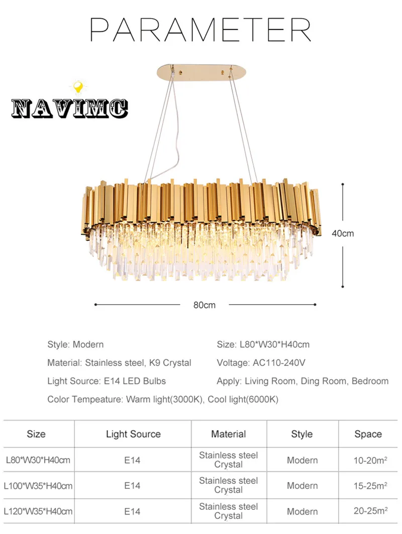 Rectangle modern chandelier lighting for dining room luxury led crystal lamp in the kitchen island gold/chrome light fixtures