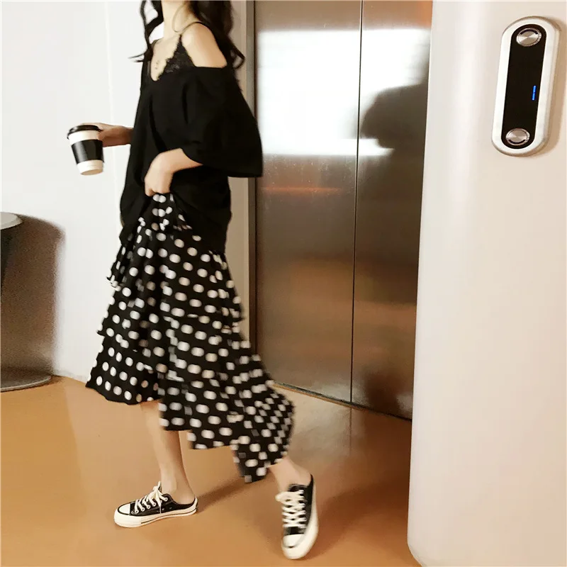 

2019 Summer New Style Large Size Dress Fat Mm off-Shoulder Irregular Tops + Dotted Skirt Two-Piece Set