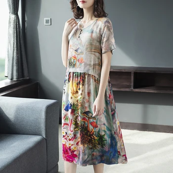 

2020 New Arrival Women Silk Dress Female Summer Half Sleeve V-Neck Vintage Print Dresses Loose Casual Plus Size