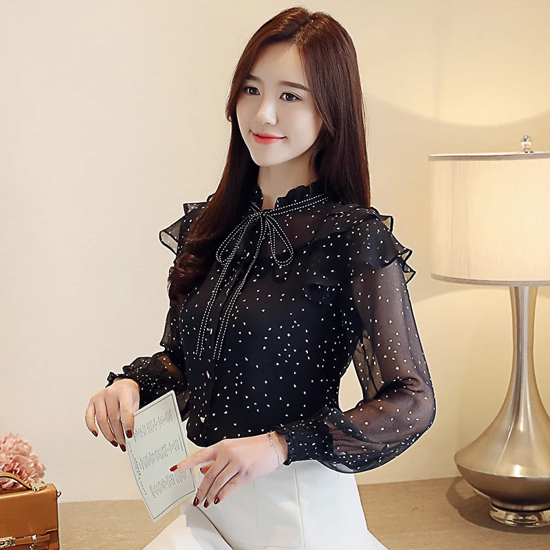

Autumn Korean Fashion Chiffon Women Blouses Lace Dot Black Women Shirts Plus Size XXL Blusas Femininas Elegante Ladies Tops