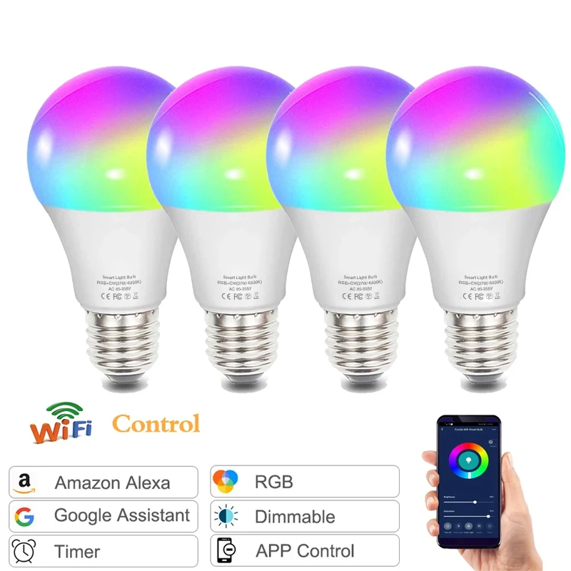 Led E27 Smart Light Bulb Rgb Color Tuya Connected Alexa Google Home B22 E14 Edison Base Powerful Cool White Dimmable Lamp Bulbs
