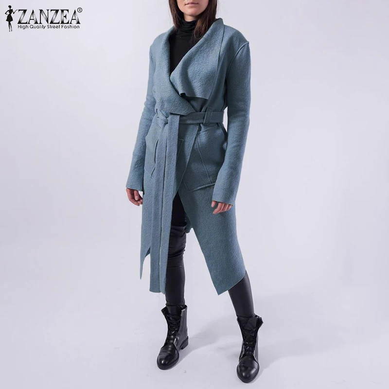ZANZEA, модные женские длинные пальто, куртки с отложным воротником и карманами, пальто, верхняя одежда, повседневная свободная одежда с ремнем, Chaqueta Mujer