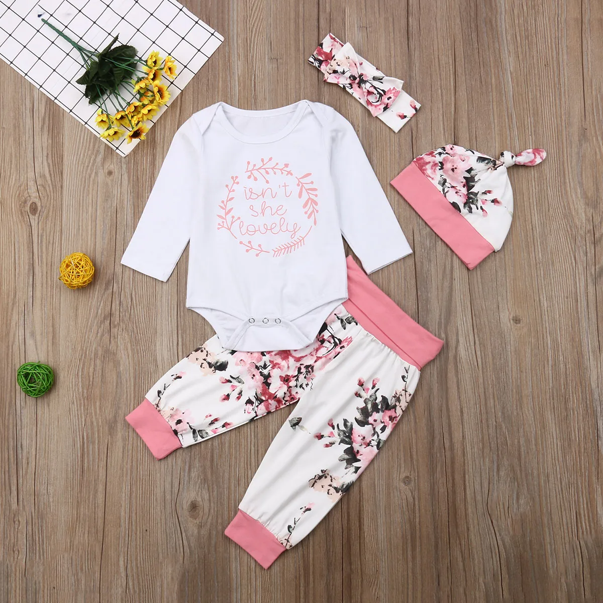 

Pudcoco Newborn Baby Girl Clothes Long Sleeve Letter Print Romper Tops Flower Print Long Pants Headband Hat 4Pcs Outfits Clothes