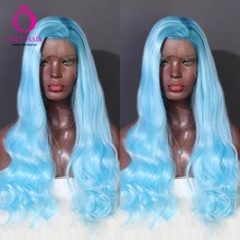 OLEY термостойкие длинные волнистые светильник синий парик Часть Glueless синтетический парик фронта шнурка натуральный Косплей парики для женщин