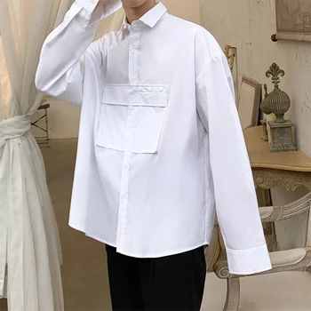 

Men Long Sleeve Loose Casual White Shirt Men Streetwear Fashion Hip Hop Pocket Design Shirt