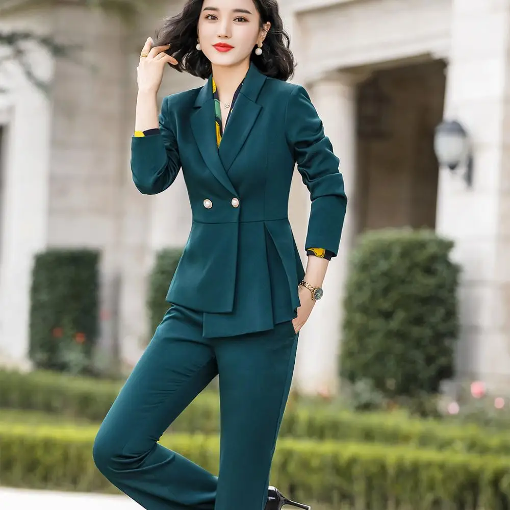 Черный, зеленый, абрикосовый женский модный брючный костюм, комплект из 2 предметов, элегантный комплект, костюм с рюшами, Блейзер, пиджак и брюки, офисная одежда для леди