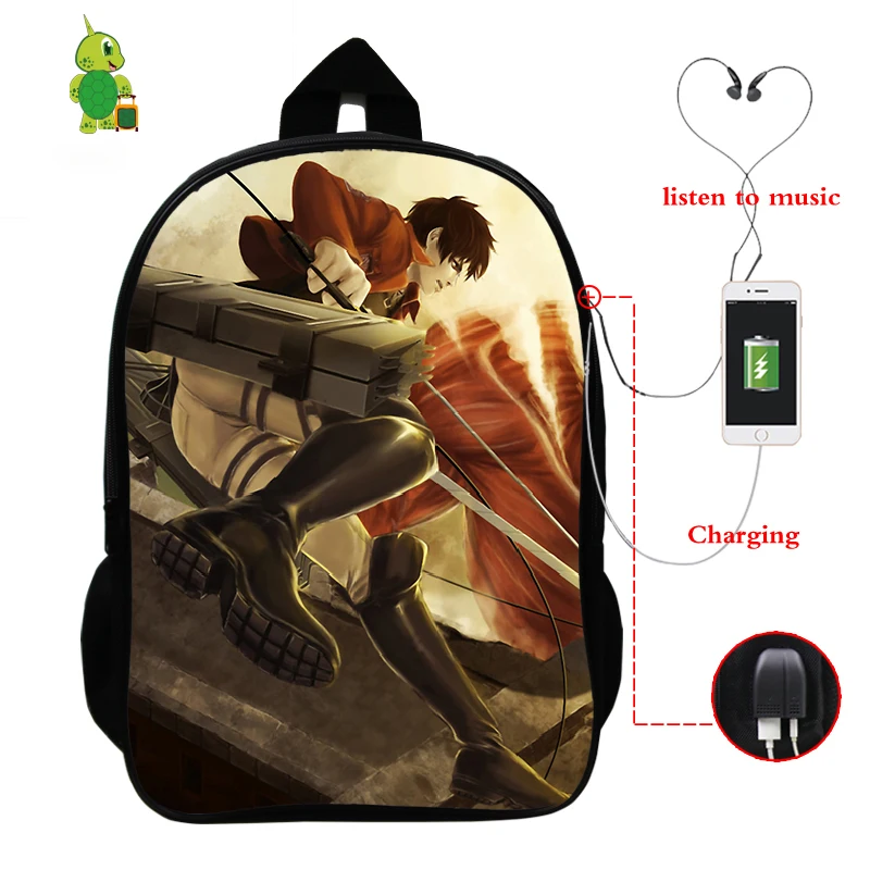 Аниме Рюкзак "атака на Титанов" USB зарядка Рюкзак для ноутбука школьные сумки для подростков мальчиков и девочек Женский рюкзак дорожные сумки через плечо